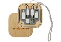 Logo Branded Square Bamboo Charging Cable Kit