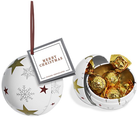 Branded Christmas Bauble Tin of Foiled Caramels