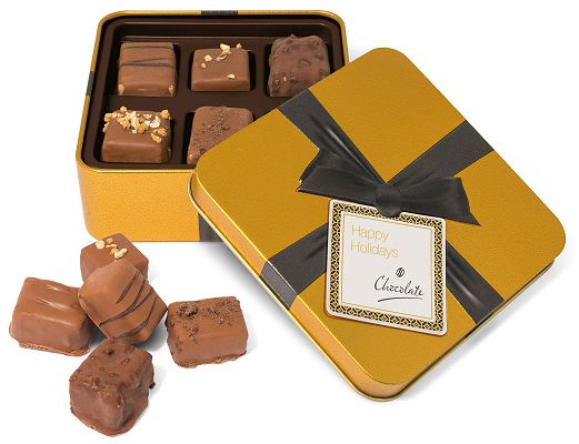 Branded Gift of 6 Artisan Chocolates in a Small Gold Square Tin