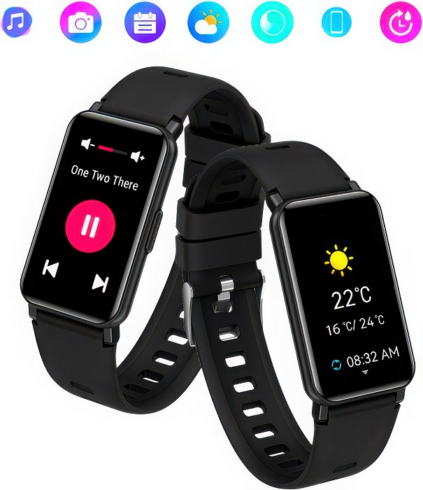 Smart band showing music and weather screens