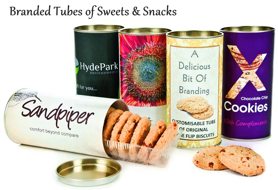 Branded tubes of sweets and snacks