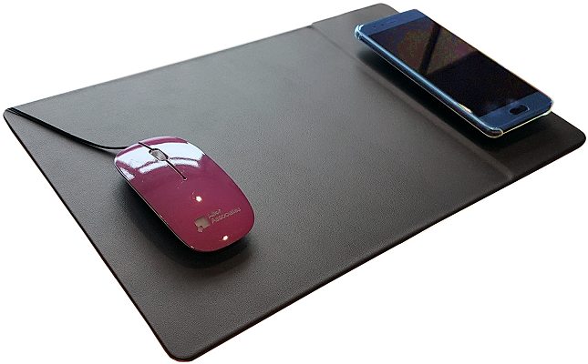 Branded Wireless Charging Mouse Mat with mouse and charging smartphone