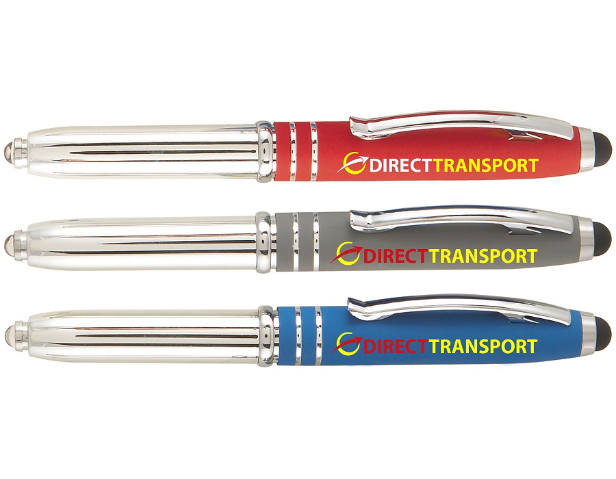 Stylus pens in red, grey and blue with inkjet print