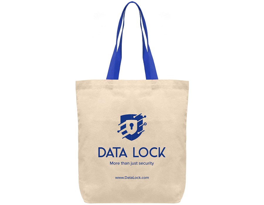 Logo branded cotton tote bags with blue trim