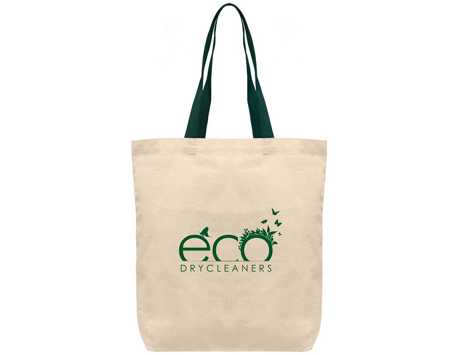 Promotional cotton tote bags with green trim