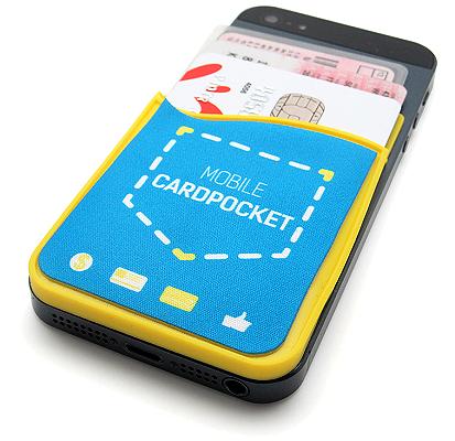 Custom Logo Smartphone Card Holder attached to a phone with a screen cleaner