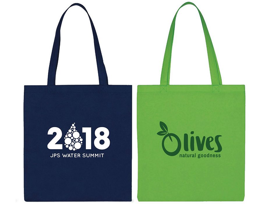 Blue and green logo tote bags