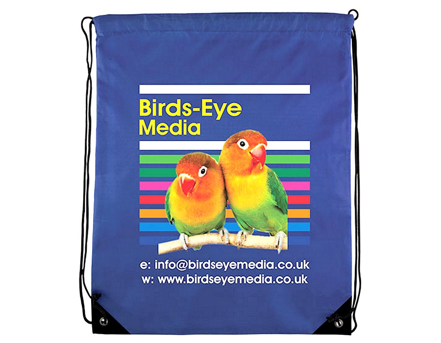 Draw string bag with blue fabric and full colour print