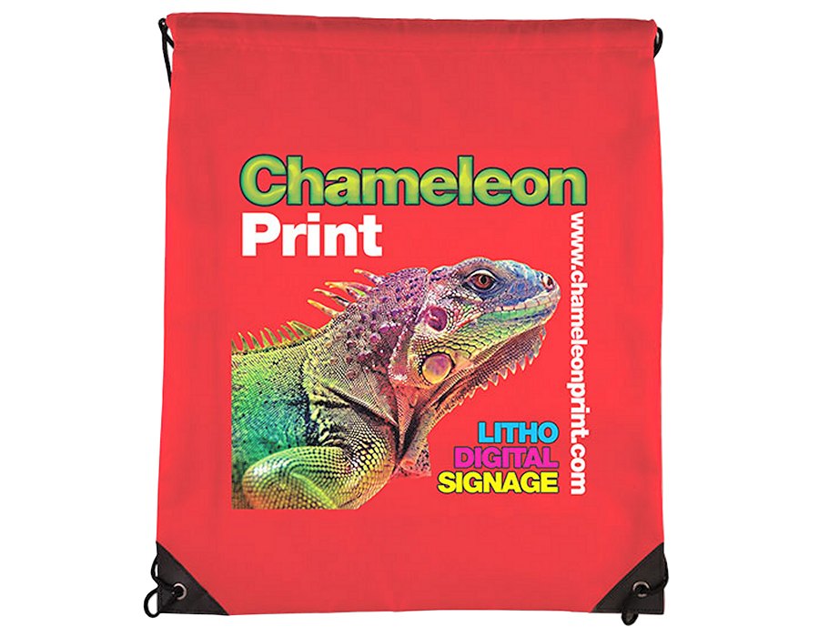 Draw string bag with red fabric and full colour print