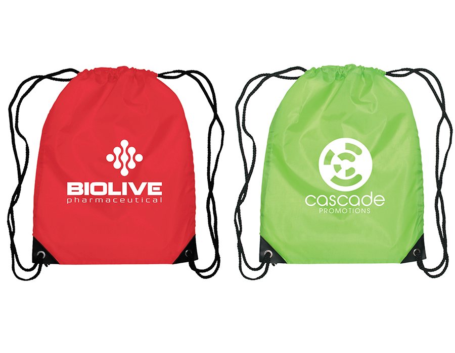 Red and green drawstring backpacks