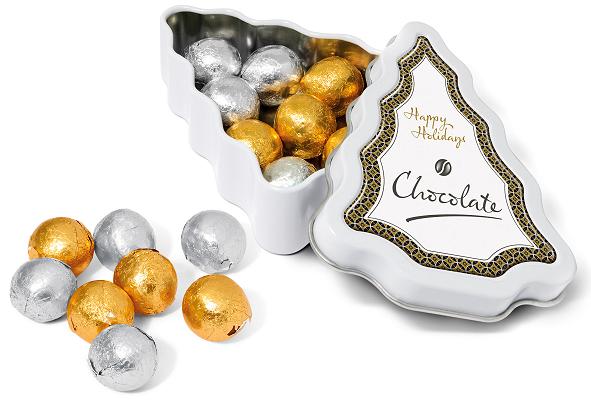 Foil Wrapped Chocolate Balls in a Mini Christmas Tree Branded Tin