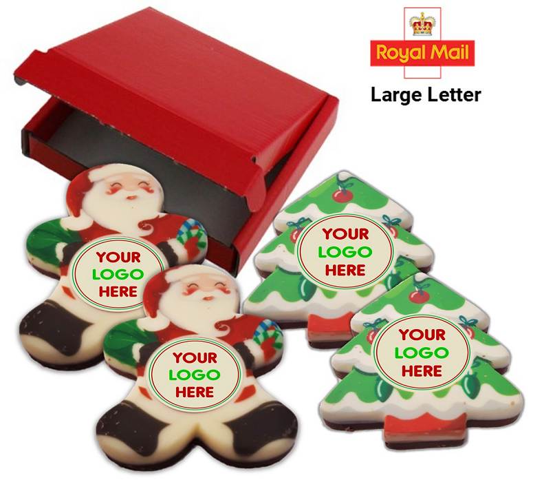 Santa and Christmas trees shaped Letterbox Xmas Chocolate Bars with a Printed Logo