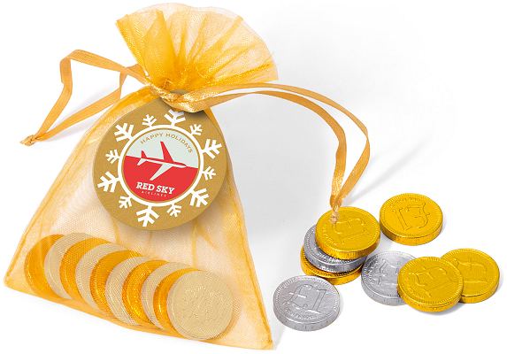 Logo Branded Organza Bag of Gold or Silver Coins with a Christmas Label with mixed silver & gold coins