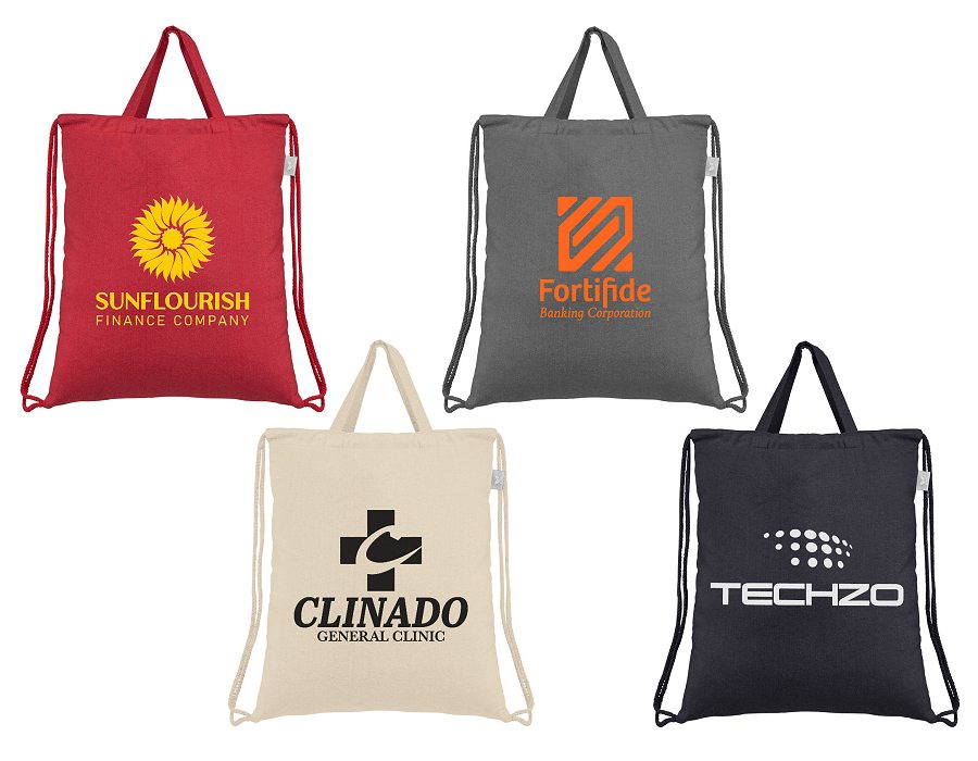 Logo branded recycled cotton drawstring bags