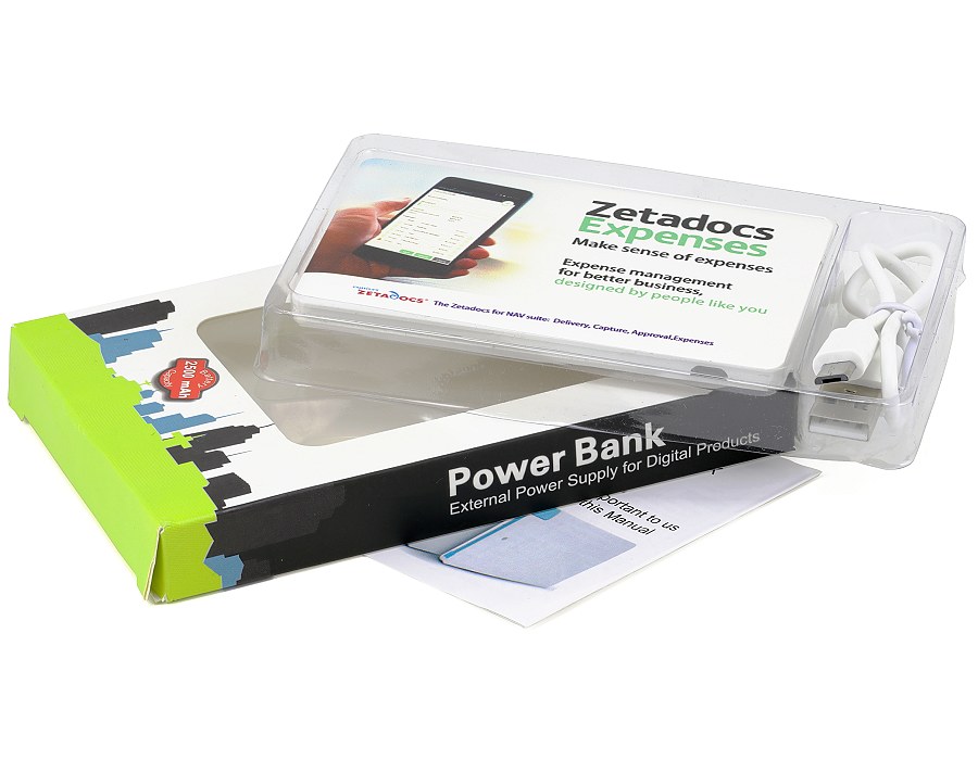 Express Business Card Power Bank packed in a window box including USB connecting lead