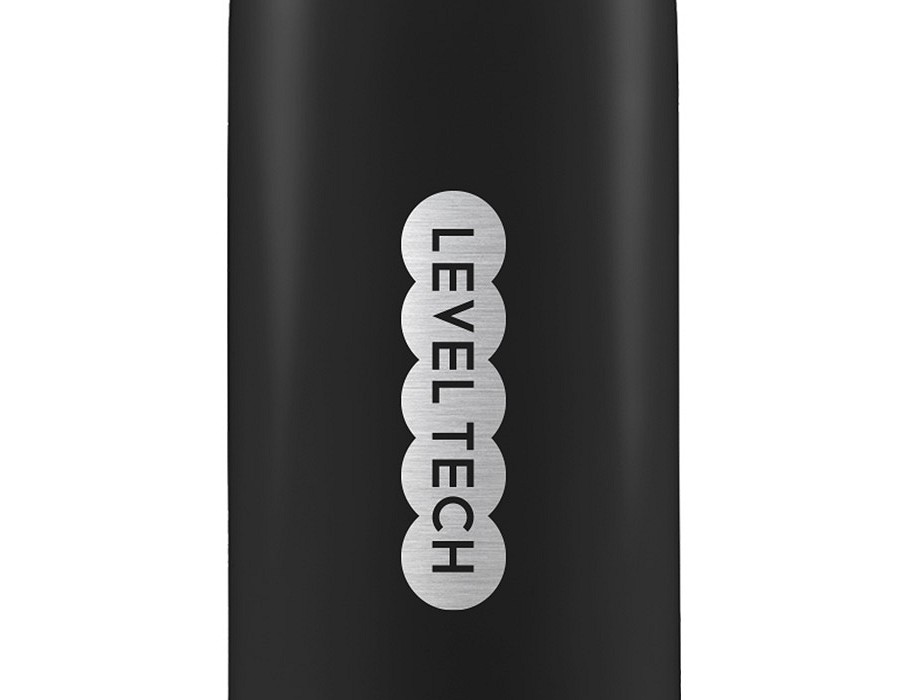 A black bottle with laser engraved logo