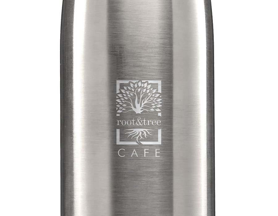 Detail of a printed logo on the steel surface of the bottle