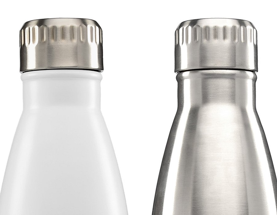 The tops of the stainless steel bottles
