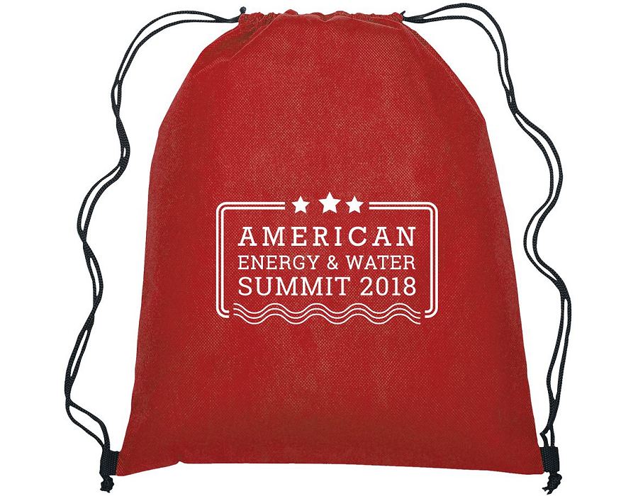 Red drawstring backpack with printed logo