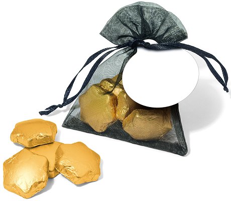 Promotional Gold Foil Chocolate Stars in an Organza Bag with a blank tag before we print your logo 