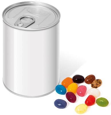 Promotional Jelly Beans in Ring Pull Tins with blank wrap for logo customisation