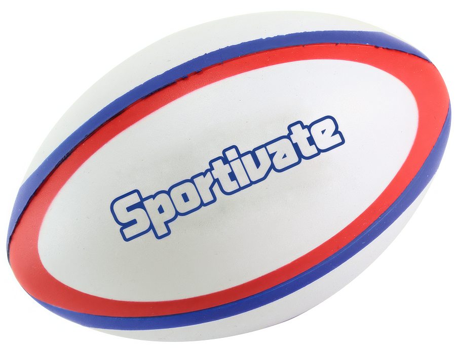 Red and blue banded rugby stress ball with a printed logo