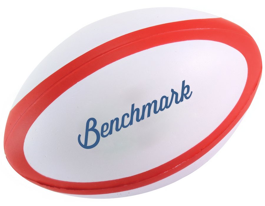Red banded rugby stress ball with a printed logo
