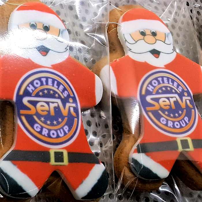 Promotional Shortbread Santa shapes with Logo Printing two in cellophane packaging
