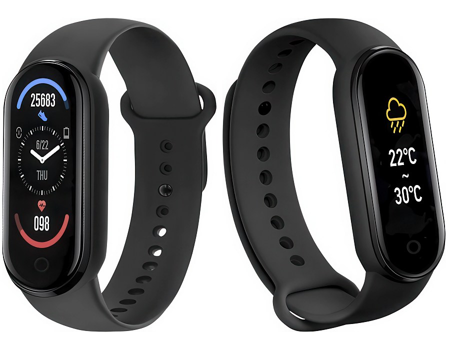 Two black fitness smart bands displayed side by side. The left screen shows activity metrics, including step count, date, heart rate, and time, while the right screen shows a weather forecast with a rain icon and temperature range of 22C to 30C.