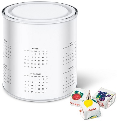 Promotional Tins of Sweets, Calendar Tins with Fruit Caramels with a calendar wrap before we print your logo 
