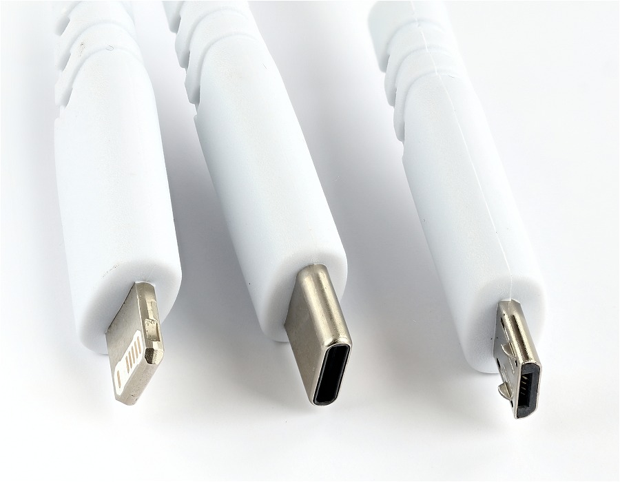 Close up of the three device connects Lightning, USB-C and Micro USB