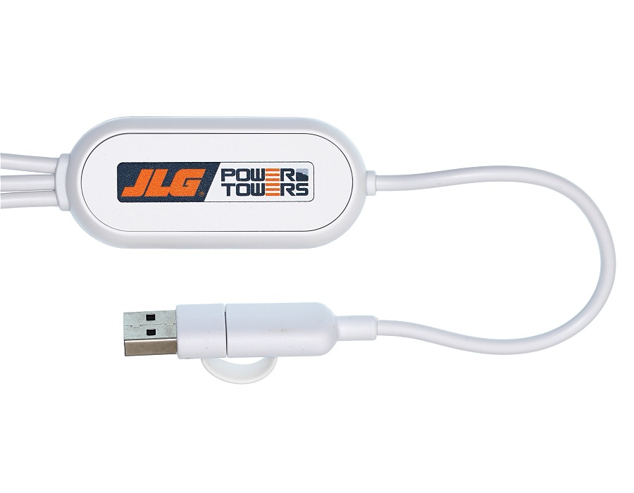 Front of the charging cable with a logo and the USB-A connector for the charging source