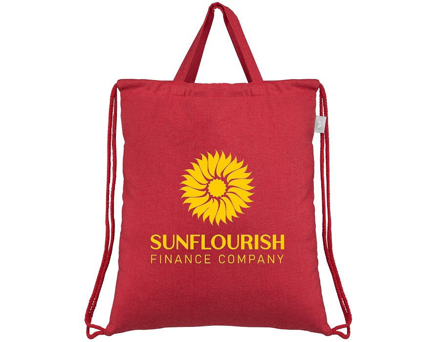 Red logo printed recycled cotton drawstring bag