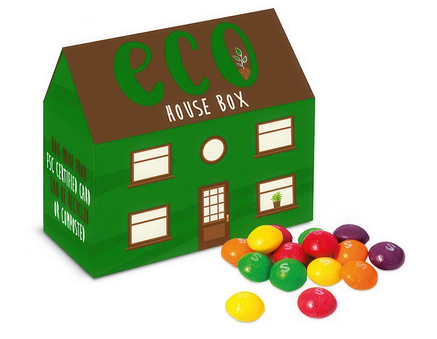 Branded Logo House Shaped Card Box of Skittles Sweets