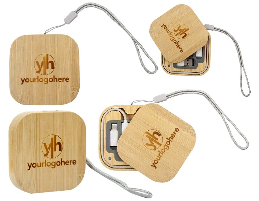 Four views of the square bamboo charging cable set