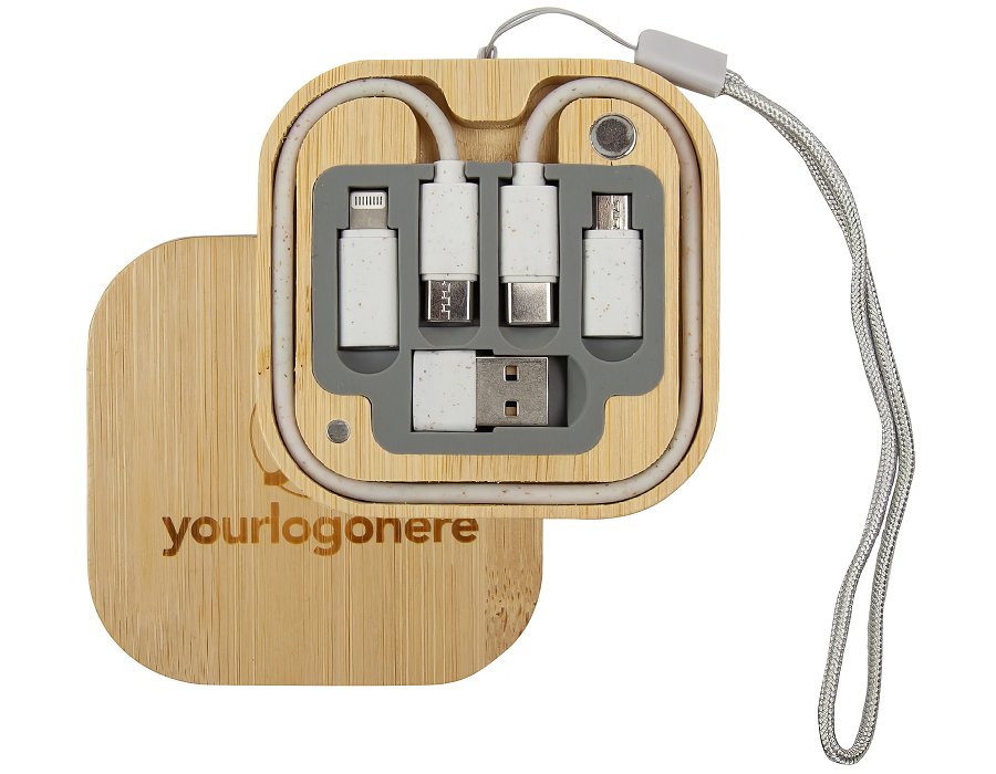 Branded square bamboo charging cable kit