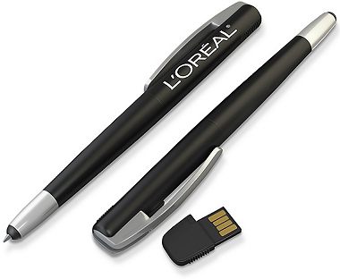 Black pen showing USB stick and Stylus with ballpoint protruding