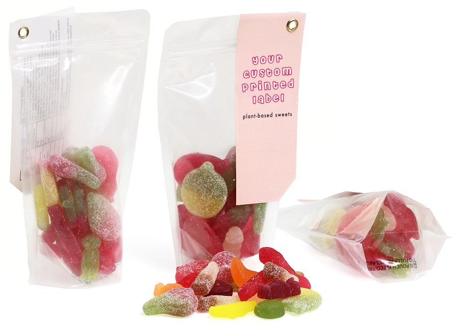 Pouch of 150g Plant Based Sweets with a Printed Logo Tag