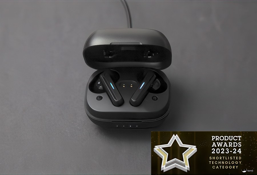 Black earbuds in an open case with caption Product Awards 2023-24 Shortlisted Technology Category 